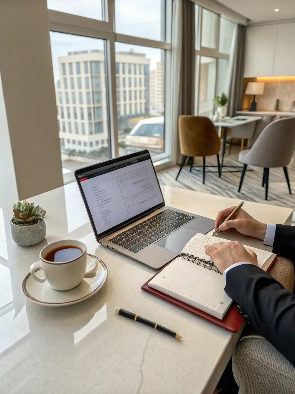 A business traveler working comfortably at a dedicated workspace in a Pulat Ltd apartment, showcasing convenience and productivity.