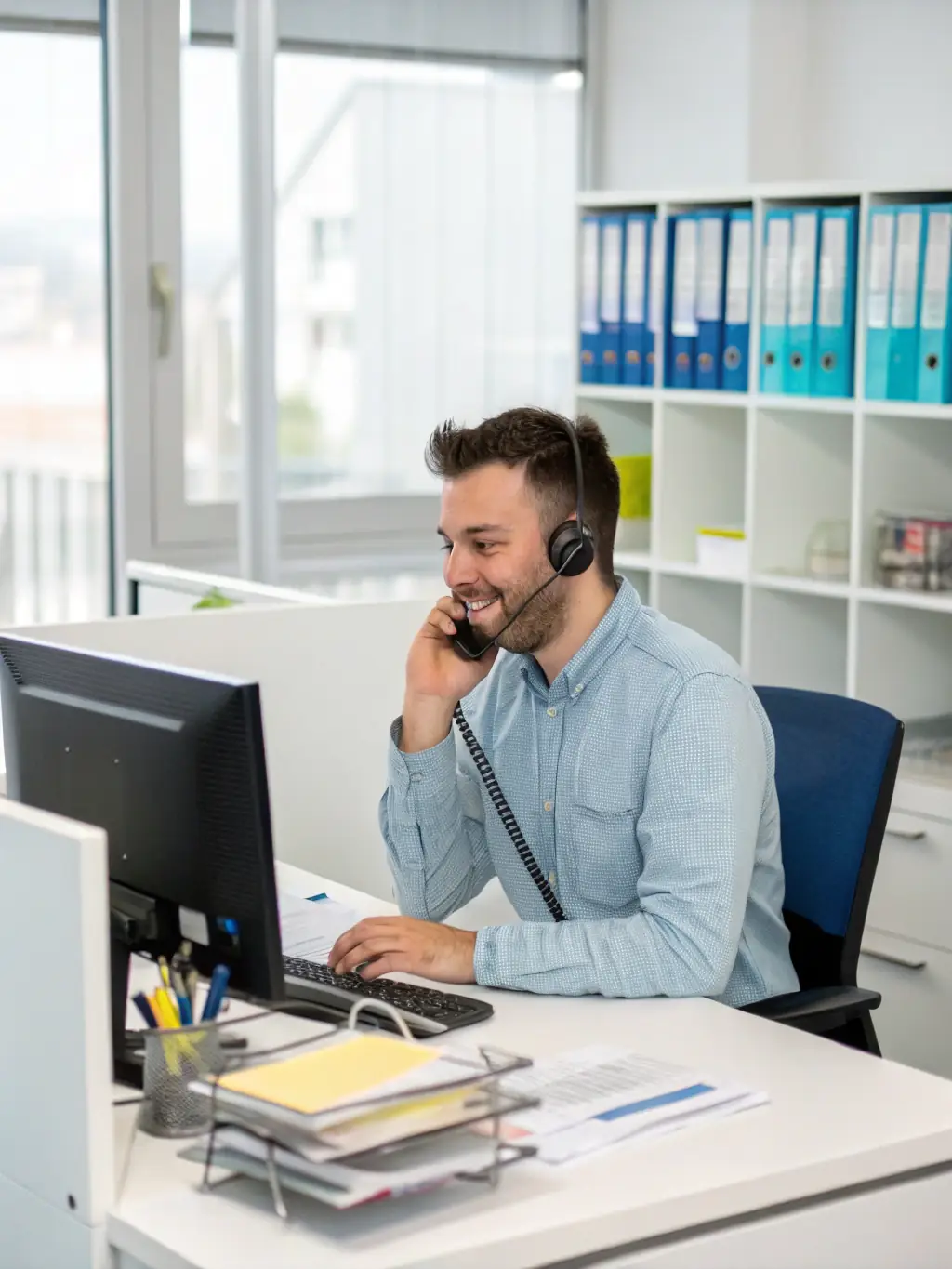 A customer service representative assisting a guest over the phone, showcasing Pulat Ltd's commitment to 24/7 support.