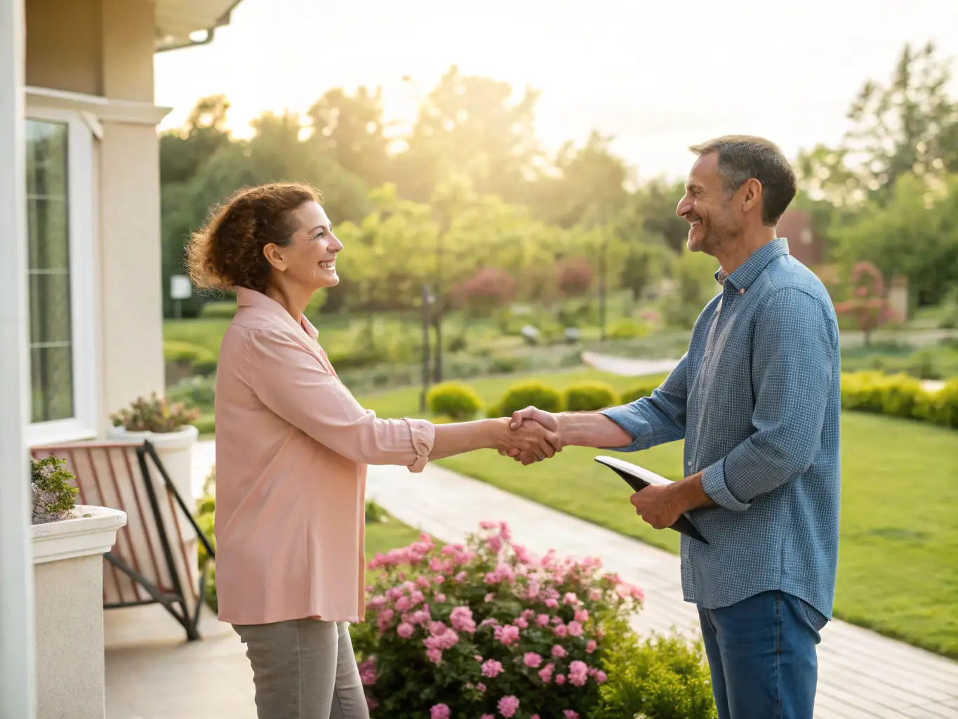 A professional photograph of a landlord smiling and shaking hands with a Pulat Ltd representative in front of a well-maintained apartment building, symbolizing a successful partnership.