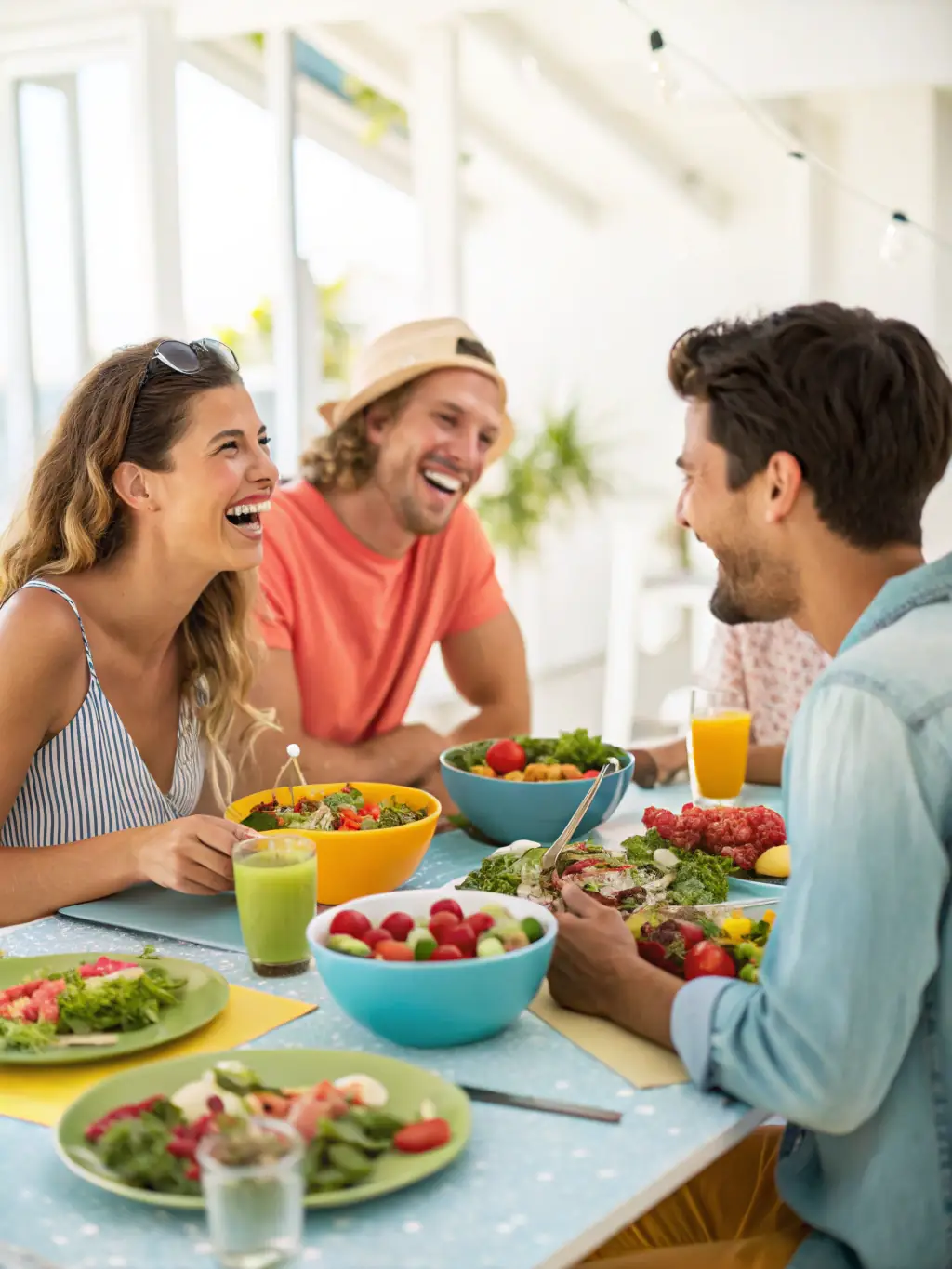 A group of friends laughing and enjoying a meal together in the dining area of a spacious Pulat Ltd apartment, emphasizing the social aspect.