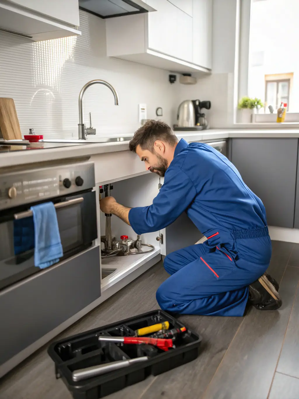 A maintenance worker fixing a minor issue in a Pulat Ltd apartment, highlighting the prompt and reliable maintenance services.