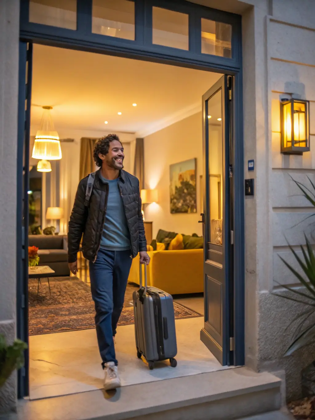 A smiling family of four entering a modern, well-lit serviced apartment, conveying a sense of welcome and comfort.