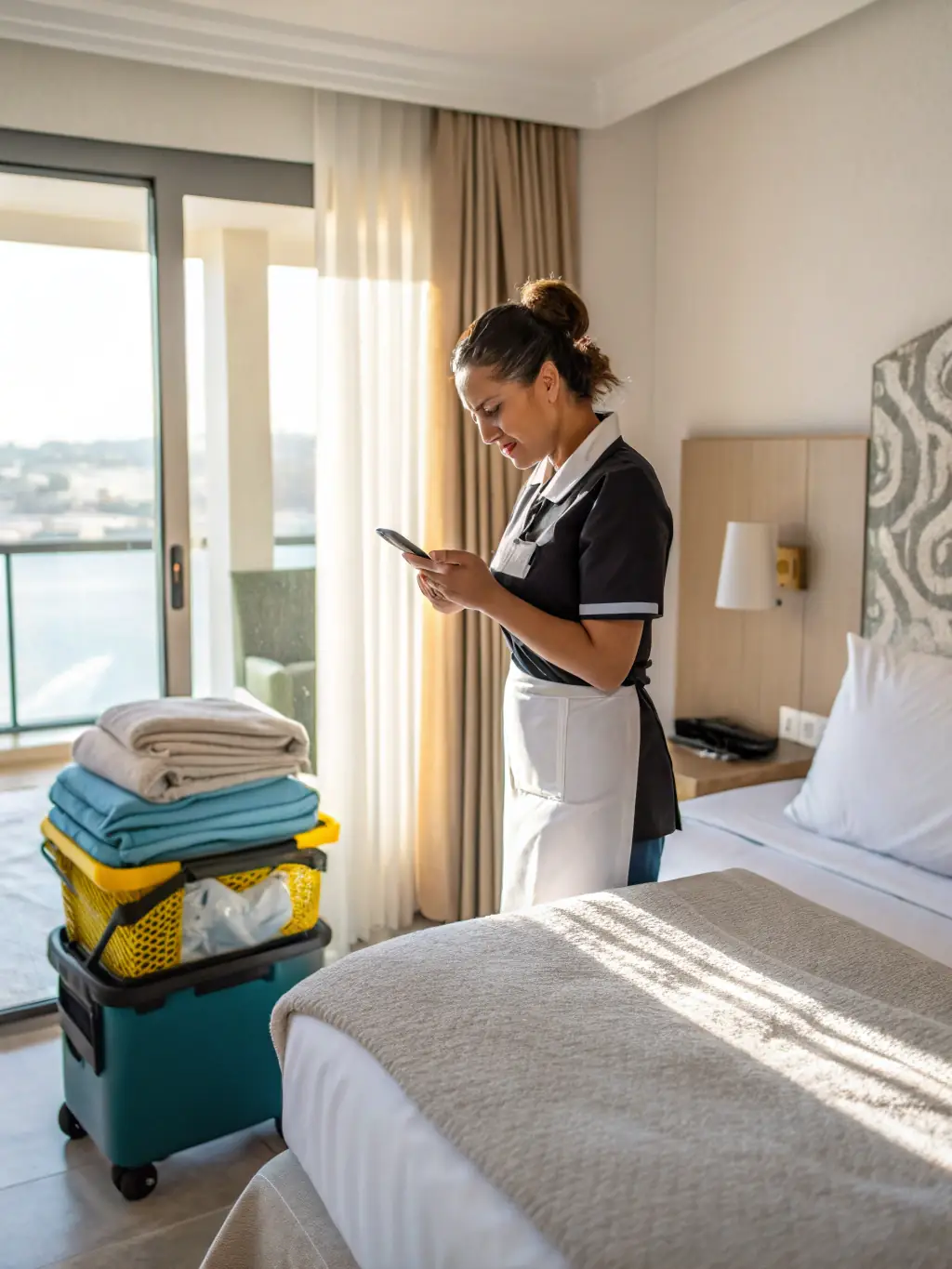 A friendly housekeeper tidying up a modern serviced apartment, ensuring a spotless and welcoming environment for guests at Pulat Ltd.